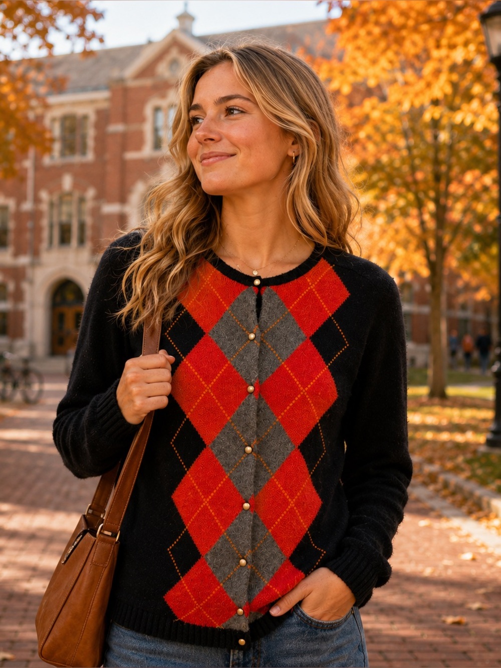 J.Crew Argyle Cardigan Sweater Navy Orange Gray Gold Buttons Preppy Size Medium